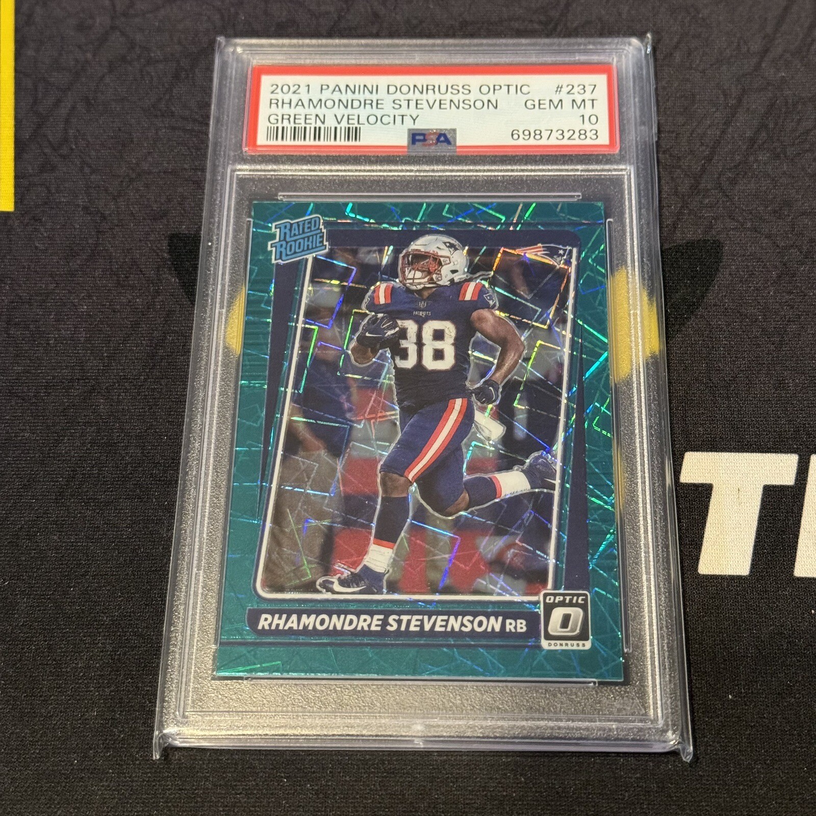 2021 Donruss Optic Rhamondre Stevenson Green Velocity Rated Rookie #237 PSA 10