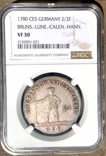 1780 German States Brunswick Luneburg Calenberg 2/3 Taler 24 MG NGC VF30 Germany