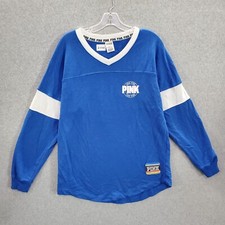 Pink Victorias Secret Women Sweatshirts M Blue Terry Varsity Logo Long Sleeve