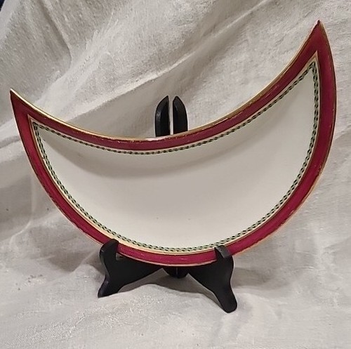 Antique German 9" Cresent Plate Gold and Red Trim, Green Ribbon Twist Numbered