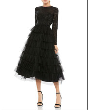 MAC DUGGAL 26299 SEQUIN BODICE LONG SLEEVE RUFFLE TIERED BLACK MIDI DRESS sz 14