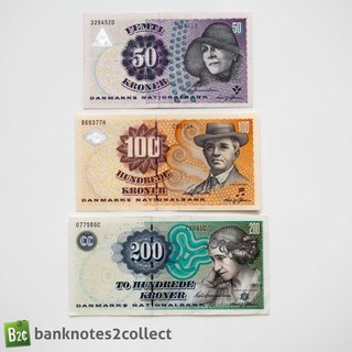 DENMARK: Set of 3 Danish Krone Banknotes.