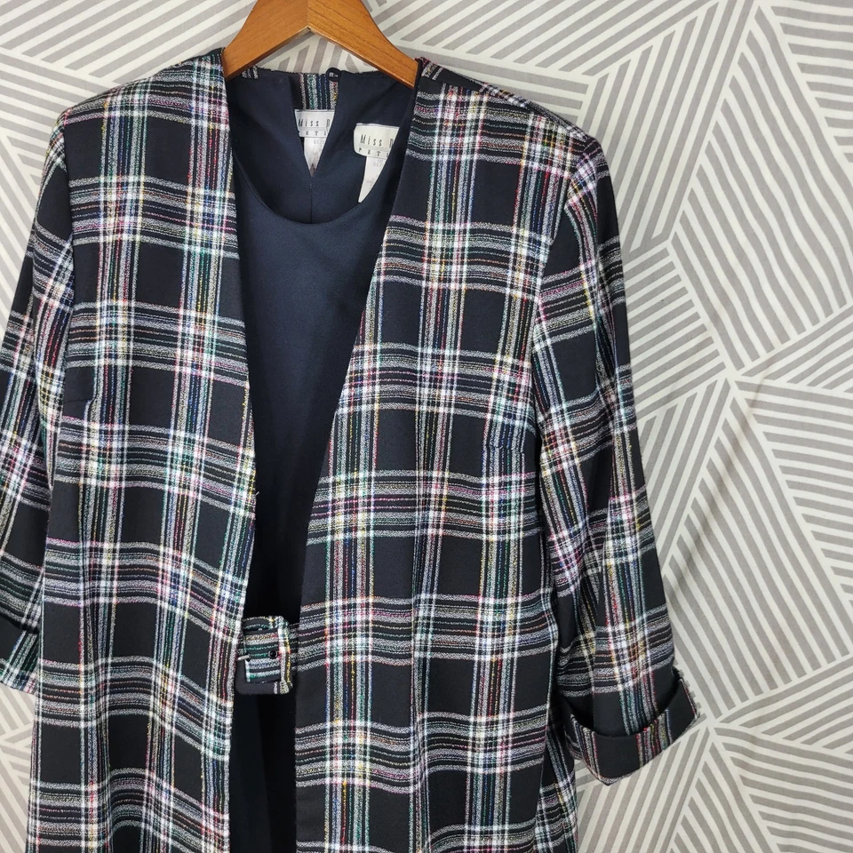 Vintage 80s Jacket Dress Set size 14 Petite Secretary Blackb Plaid Tartan Long - Image 3 of 4