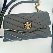 Tory Burch Kira Chevron Quilted Chain Wallet Black Leather Crossbody Authentic