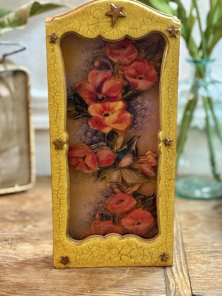 Unique Vintage Wood Paper Towel Holder with Flowers In Glass Base - Image 3 of 4