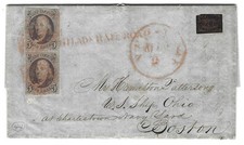 1847 Issue 5c Pair + Blood's on 1850 letter Philly to USS Ohio Phila Rail Road