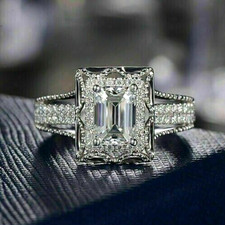 14K White Gold Plated 3 CT Emerald Cut Lab-Created Diamond Engagement Ring