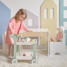 Teamson Kids Afternoon Sip Wood Dessert Cart with 21 Pieces Rotatable Wheels