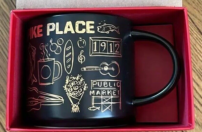 PIKE PLACE MARKET Black Gold Starbucks coffee Cup Mug 14oz Been