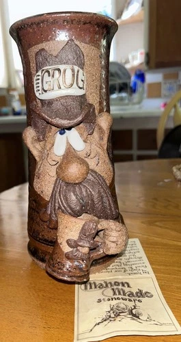 Vtg Ugly Funny 3D Face Mug MMS Mahon Stoneware Pottery Mustache Man Grog/beer 9”