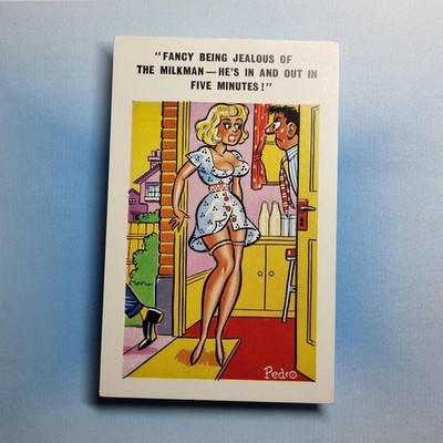 Comic Postkarte um 1965 blonde Strümpfe Brüste Milchmann draußen sonniger Pedro