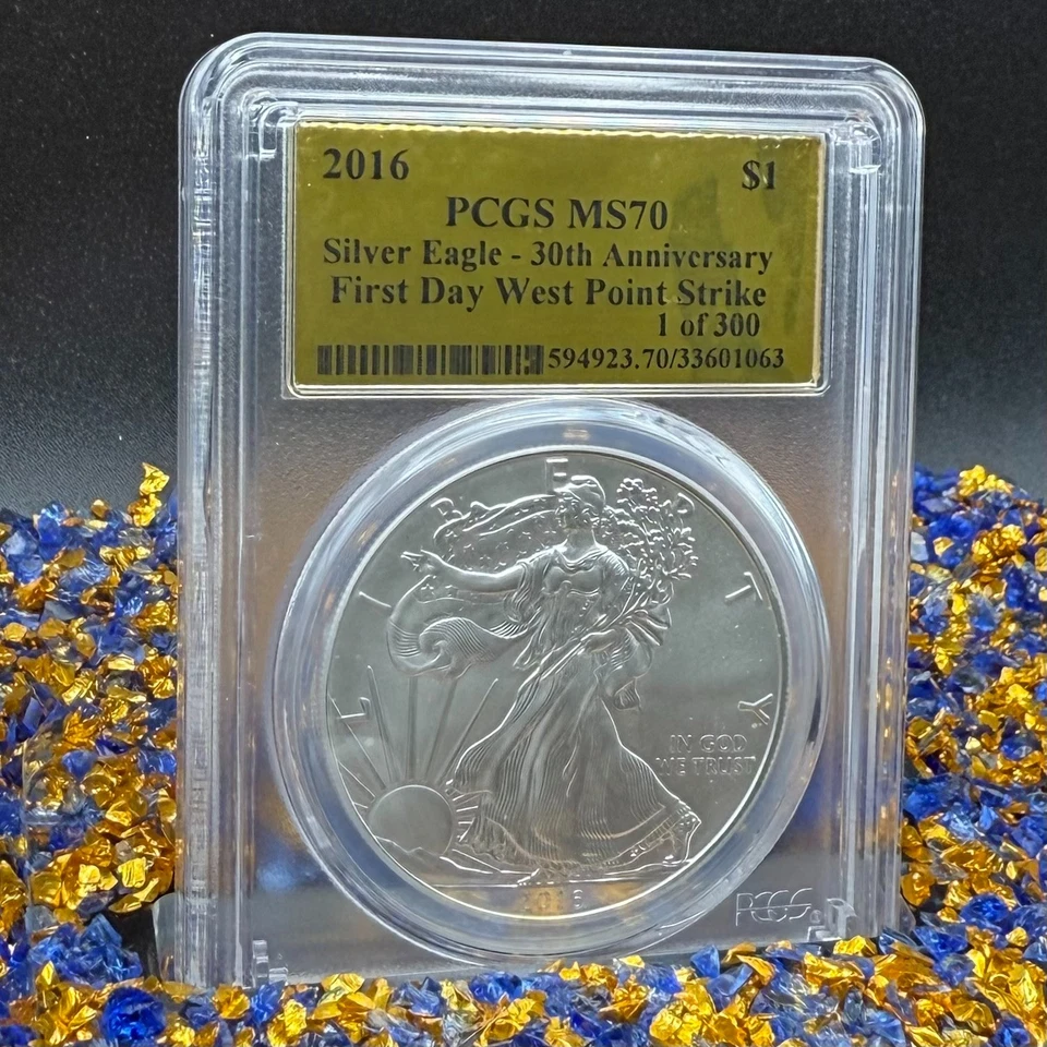 2016 $1 Silver Eagle primeiro dia de emissão PCGS MS70 etiqueta folha de ouro rara 1 de 300 - Imagem 2 de 4