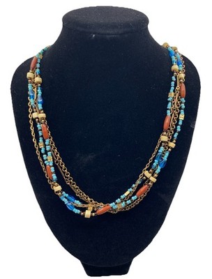 Retired Premier Designs Multi Strand Beaded Boho Blue Brown Necklace 24'' long