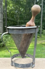 Primitive Vintage Cone Strainer ColanderSieve Stand w/ Wood Pestle Farmhouse