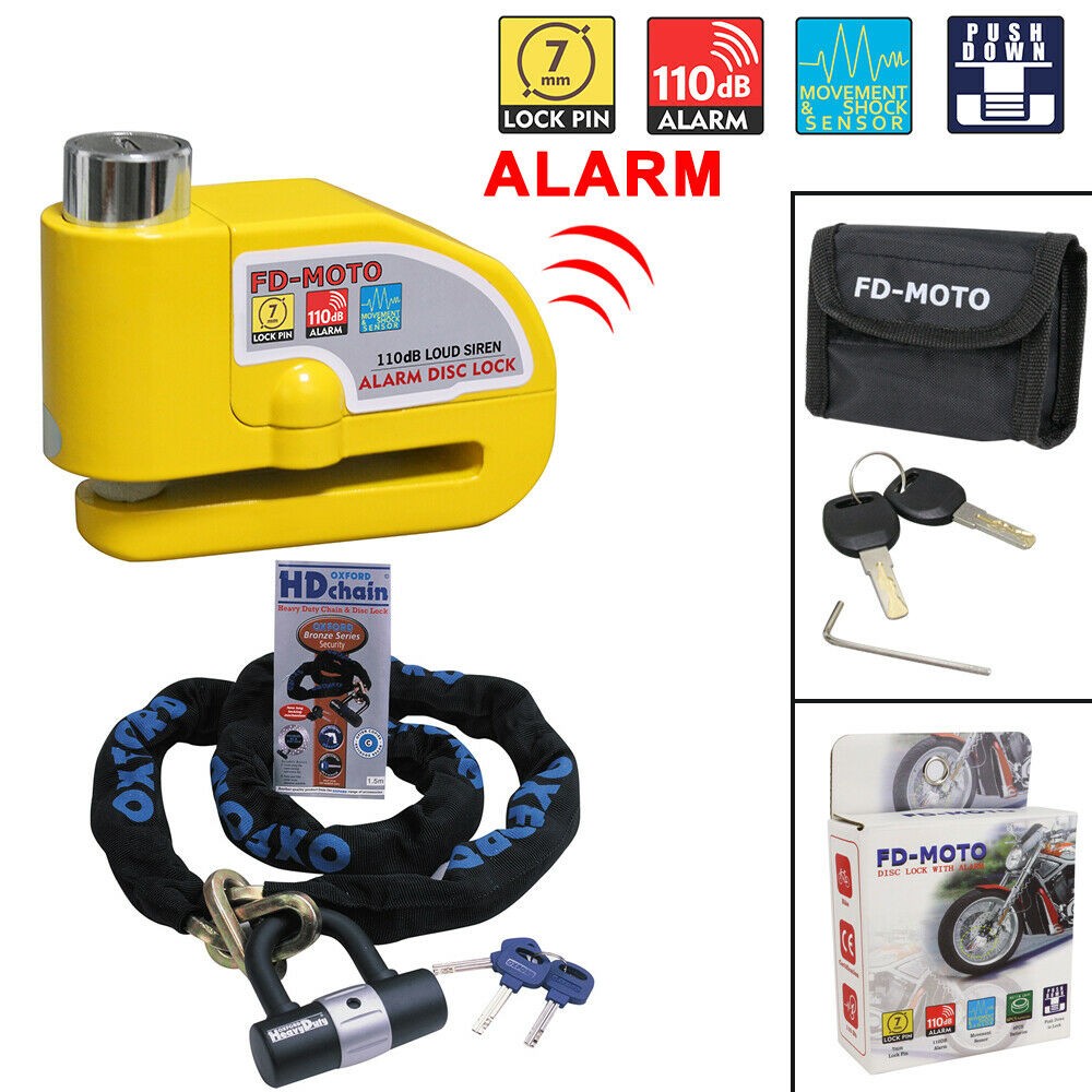 OXFORD 1.5M*9.3MM Motorcycle HD Chain Lock Padlock & Alarm Disc Lock Carry Pouch