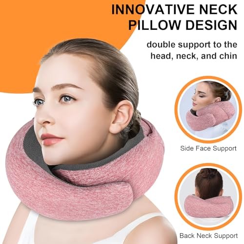 Hooded Memory Foam Travel Neck Pillow for Airplane in Red