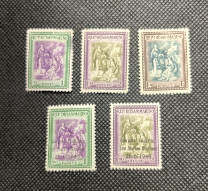 5 San Marino Stamps , 1949 , 1 Overprint , 1949 , MH