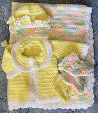 Vintage 1960 Crocheted Baby Sweater Hat Booties Outfit Blanket Pastel Pink Yello