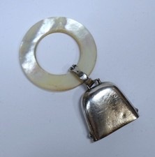 Antique STERLING SILVER BABY BELL RATTLE w/ MOTHER of PEARL TEETHING RING Buckle