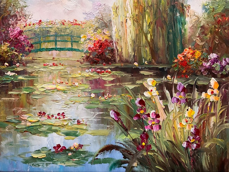 Oil Painting Monet’s Pond, textured floral colorful lily pond with bridge 12x16”