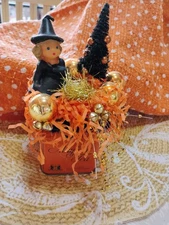 Vintage Halloween Assemblage on Tea Tin with Gurley Witch Candle