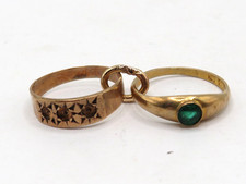 2 ANTIQUE VICTORIAN 10k YELLOW GOLD BABY RINGS w 3.5mm ABRAIDED GREEN GLASS