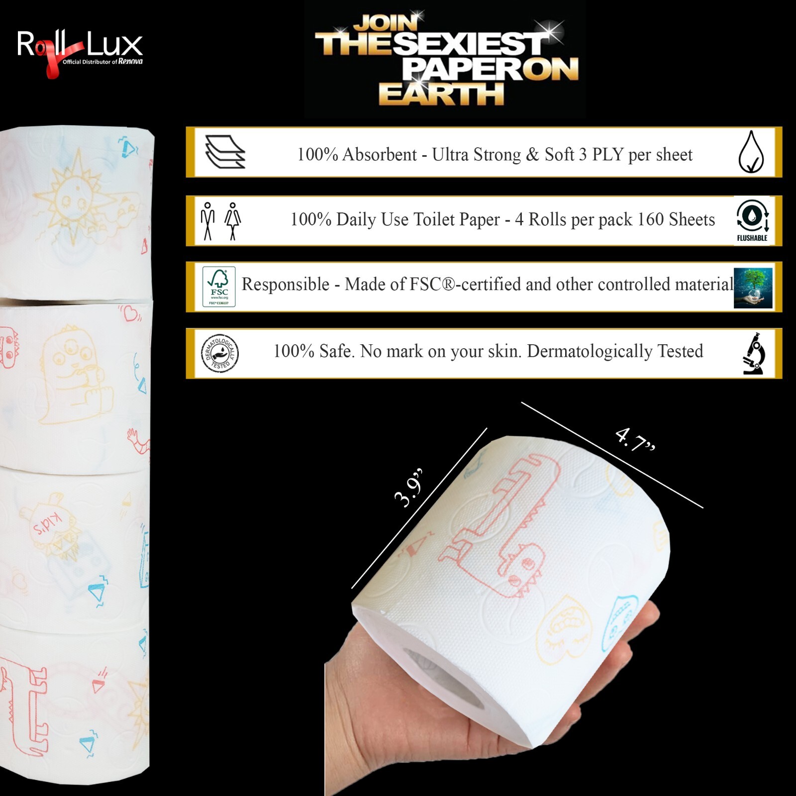 Renova Kids Toilet Paper - 4 Rolls/Pack, 3-Ply, 160 Sheets, Novelty, Cartoon