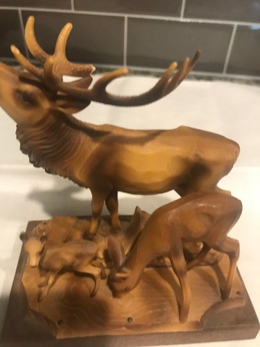 vintage German Hand Carved Black Forest Wood 2 deer & stag With Antlers - Picture 4 of 4