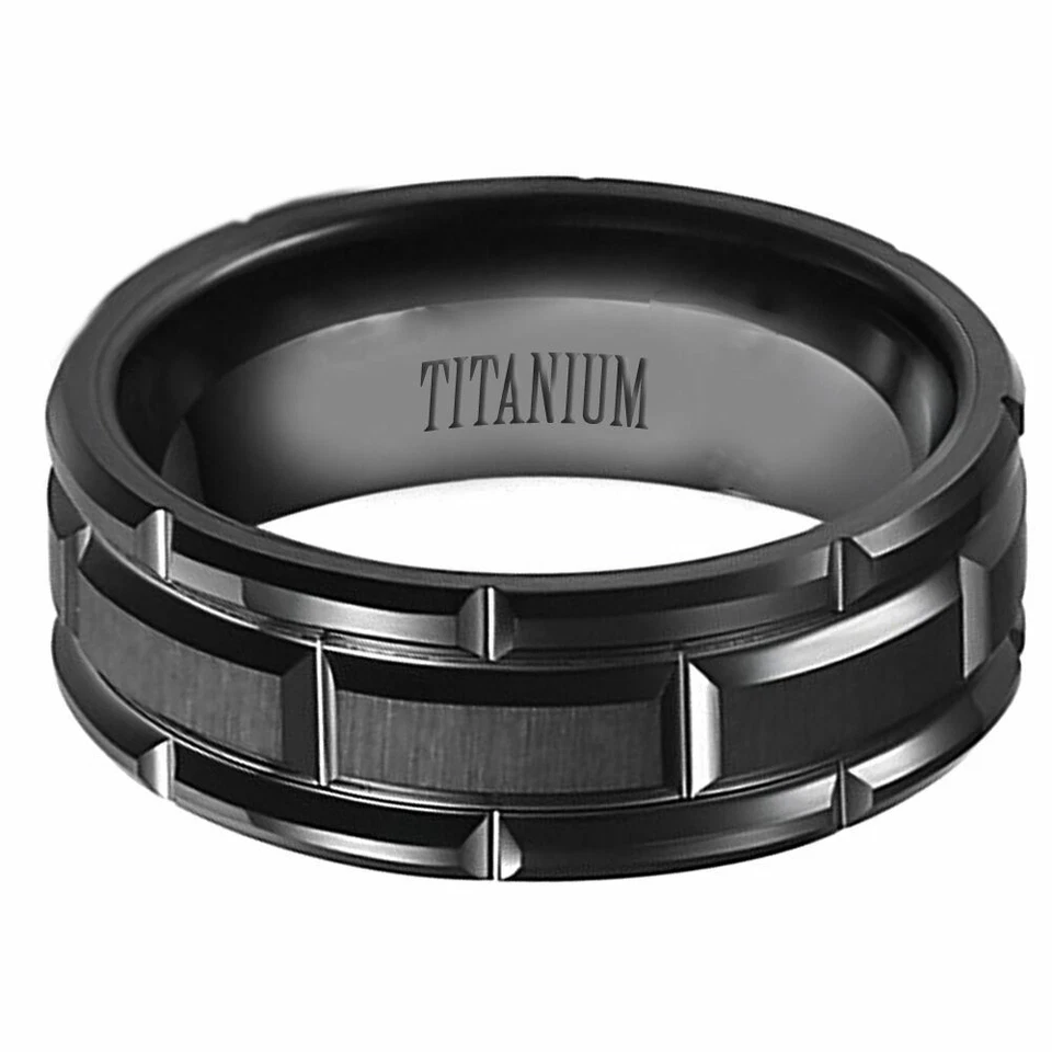 9mm Men's Grooved Cut Matte Brushed Center Black Titanium Wedding Band Ring - Image 2 of 2