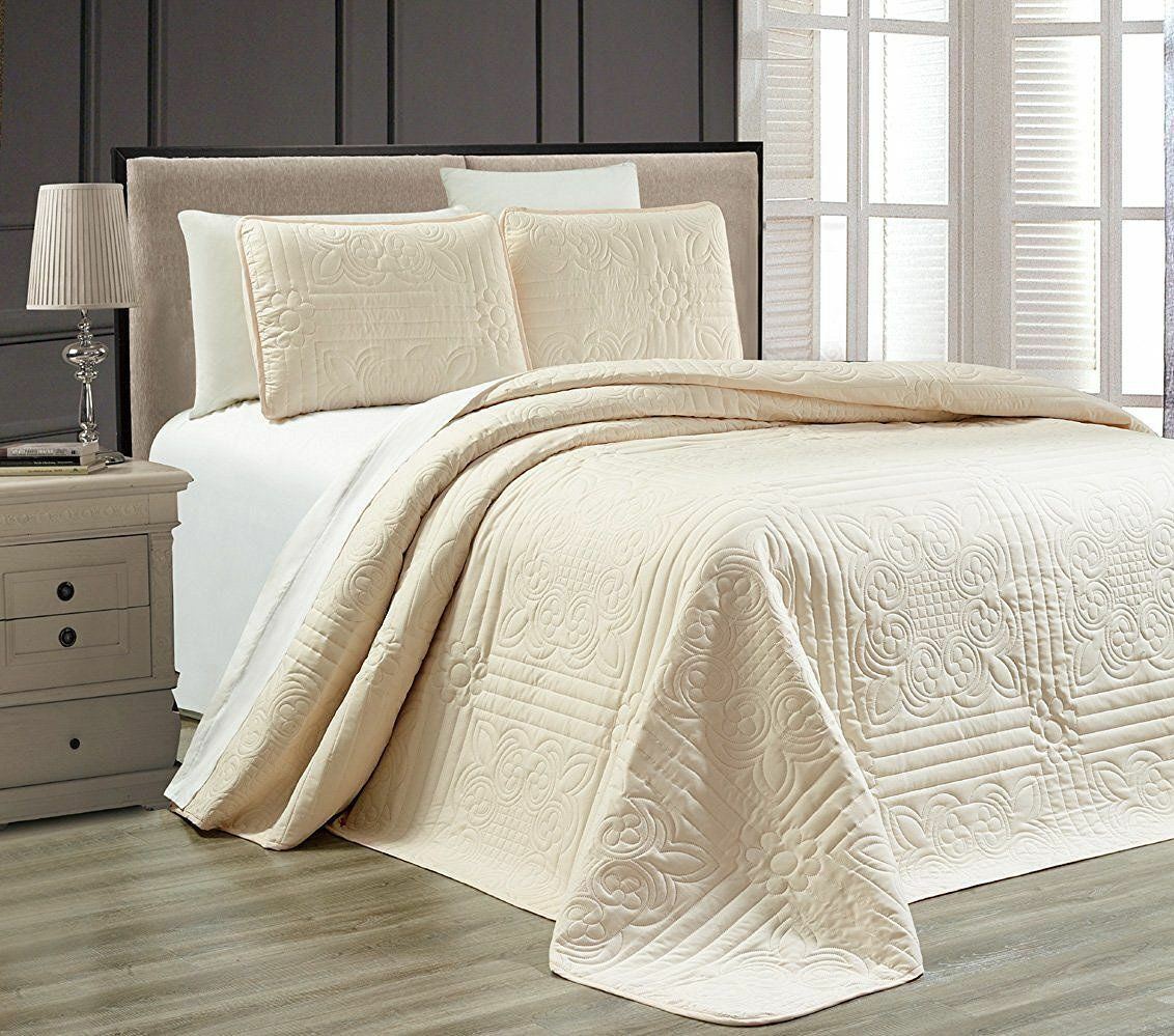 Full Queen Cal King Solid Ivory Cream 3 pc Quilt Set Coverlet Bedspread Bedding Świetne oferty, nowości