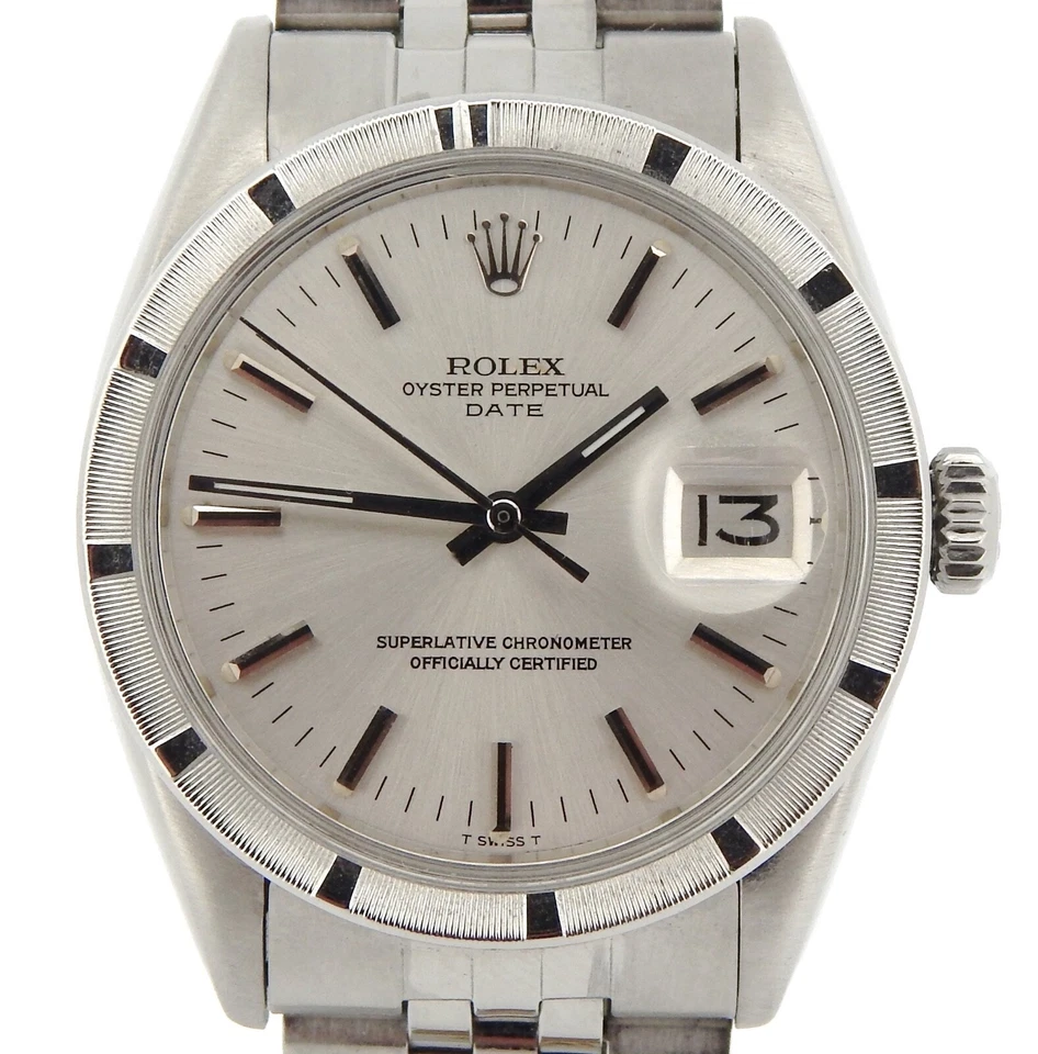 Reloj Rolex para hombre fecha acero inoxidable motor-girado índice bisel esfera plateada 1501