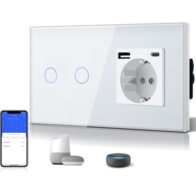 Bseed Smart Steckdose mit Lichtschalter & USB - Elegantes Design Weiß, 2 Fach
