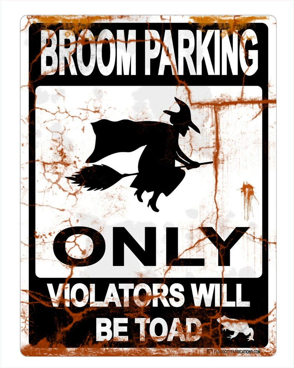 Halloween Broom Parking Sign With 3 Wooden Brooms - Outdoor & Indoor Witch Decorations