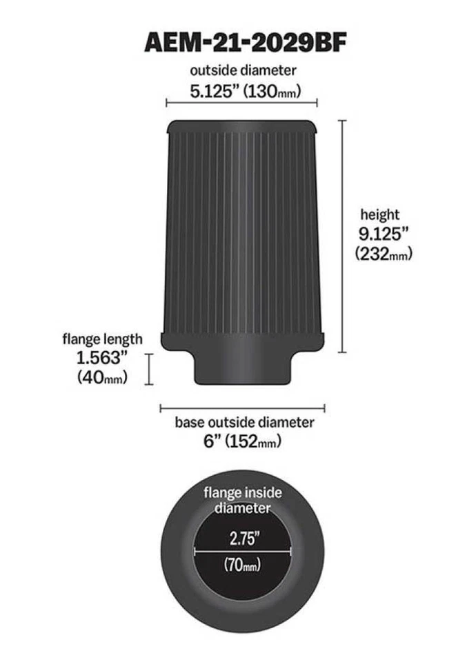AEM Dryflow Conical Air Filter 2.75in Flange ID / 6in Base OD / 5.125in Top OD / - Image 3 of 4