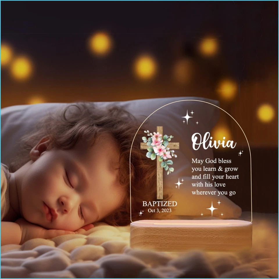 Luz de noche de cruz de oración, lámpara de noche de bautizo regalo para niño niña Foto 2 de 4