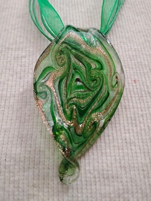 Hand Blown Murano Style Glass,Green Pendant Necklace oblong,2 1/2'' Shape.47