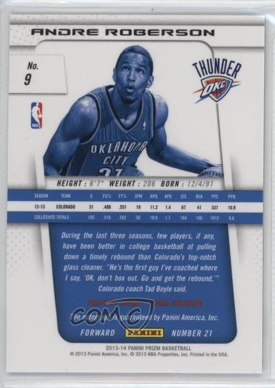 2013-14 Panini Prizm Auto Andre Roberson #9 Rookie Auto RC - Image 2 of 2
