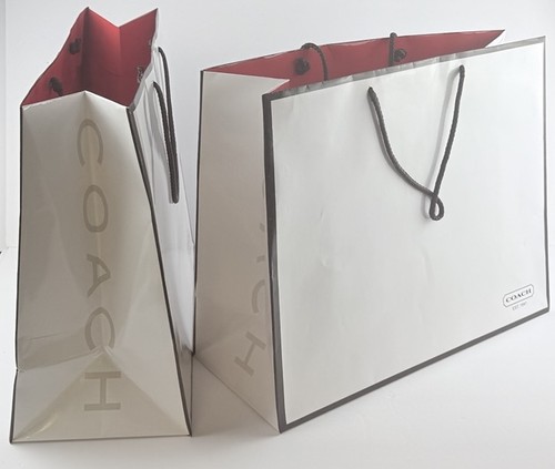 2 Coach Logo 16x13x6.5 White/Brown Glossy Gift Shopping Bag Paper Rope Handles