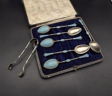 Antik David Andersen Norwegen 925 Silber Emaille L&ouml;ffel Set (6 Stk) & Zuckerzang