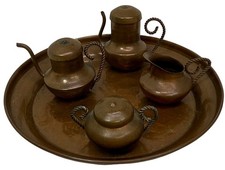 Vintage Miniature Copper Tea Coffee Set w/ Tray Doll Dollhouse Braided Handles