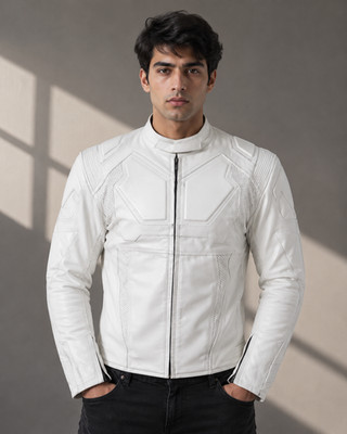 Men's White Color Racing Motorcycle Genuine Leather Safety Pads Handmade Jacket