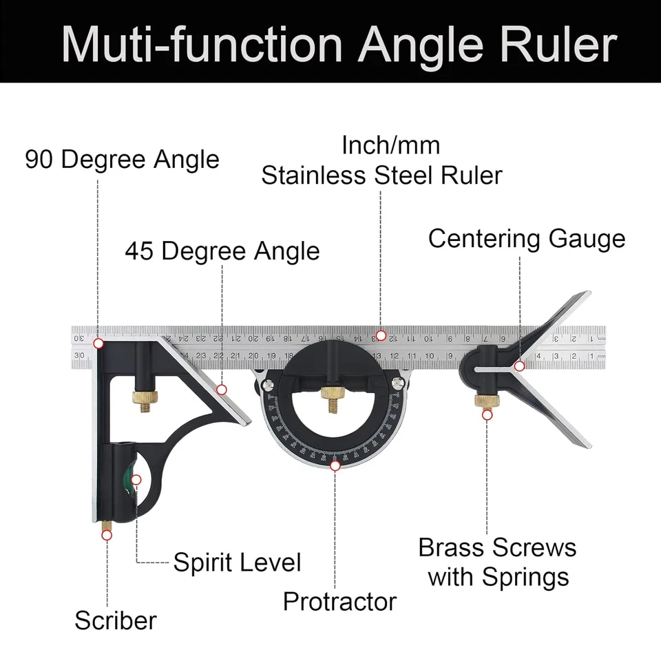 Juego cuadrado combinado de 12 pulgadas, transportador y cabezal central, métrico/imperial, nivel Foto 3 de 4