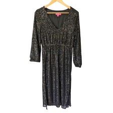 NWOT Betsey Johnson Womens Midi Dress Black Sequin V Neck Long Sleeve Party M