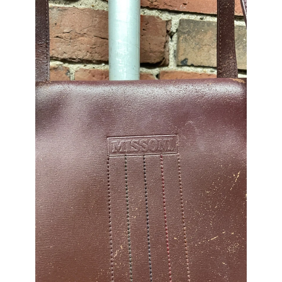 Missoni Leather Tote Bag Burgundy Textured Stitch Shoulder Purse Womens M VTG - Image 2 of 4