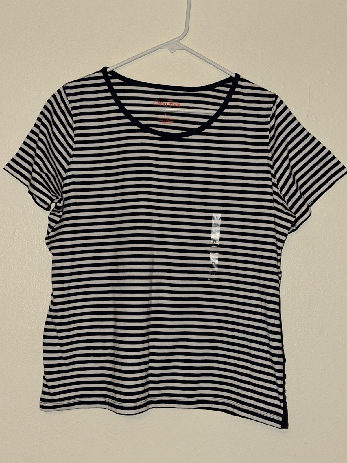 Coral Bay Navy White Stripe Cotton Polyester Button Round Neck Tee Petite PL