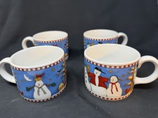Vintage Set of 4 Snowman Sakura Debbie Mumm Mugs Cups / Saucers Stoneware, MINT