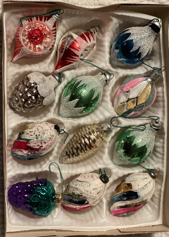 BOX of 12 Misc. Vintage Glass Blown Christmas Ornaments 1940's Rare