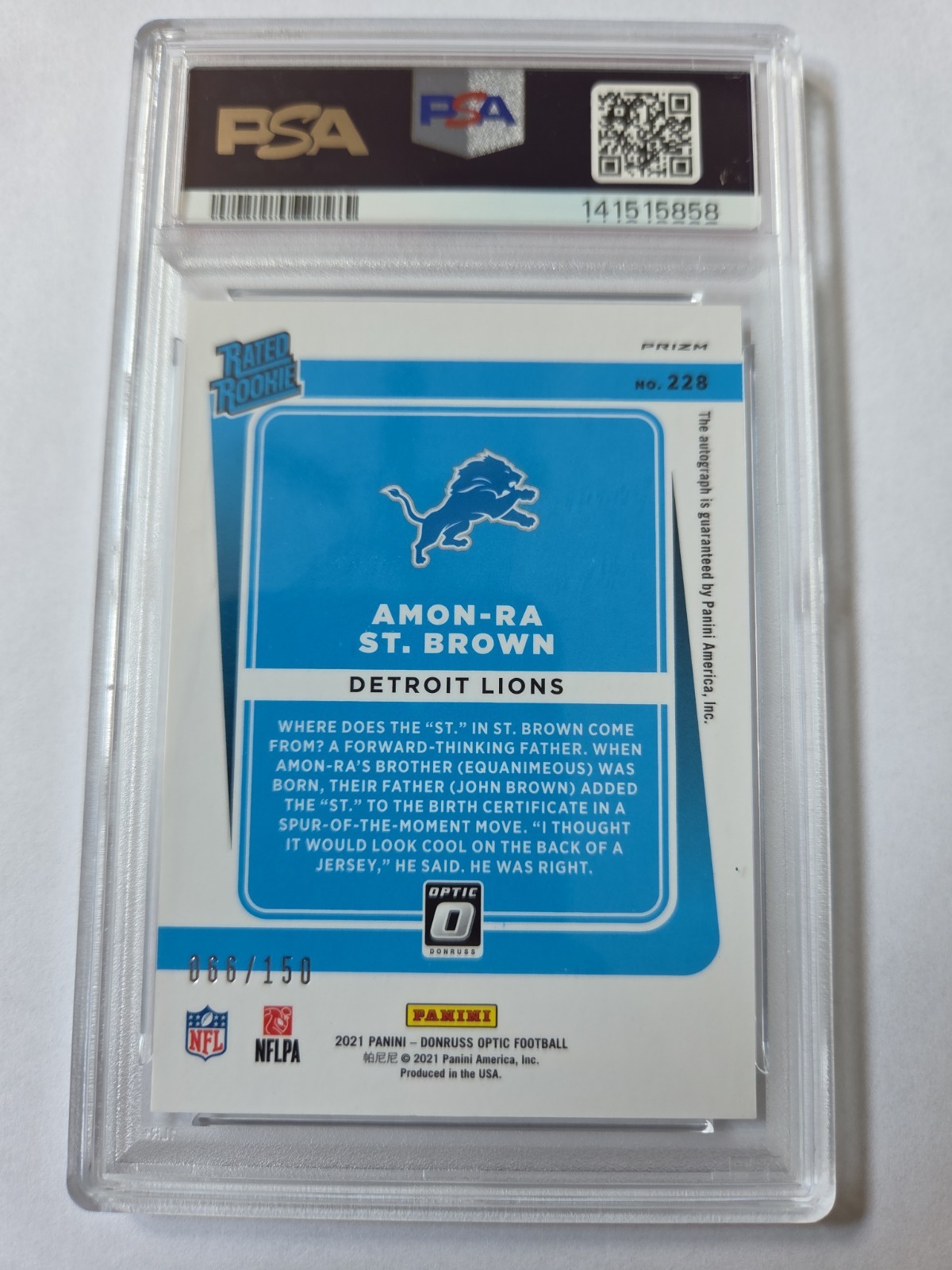 2021 Optic Amon Ra St Brown Auto RC PSA 9 Rated Rookie 🔥🔥 On Card Blue Ink view 2