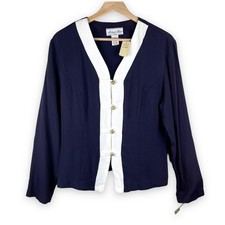 80s VTG Michael Blair Blouse Top 10 Navy Blue Button Up V-Neck Classic Preppy