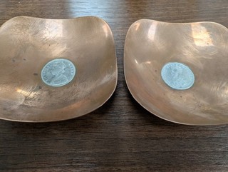 Pair Antique Copper Trays with Silver India One Rupee Coin Centre (1862/1916)